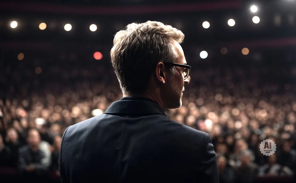 A man in a suit and glasses faces a blurred audience in a dimly lit auditorium, with stage lights in the background.