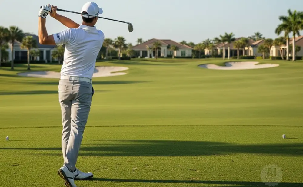 Golfer swings at a golf course with palm trees and houses in the background.