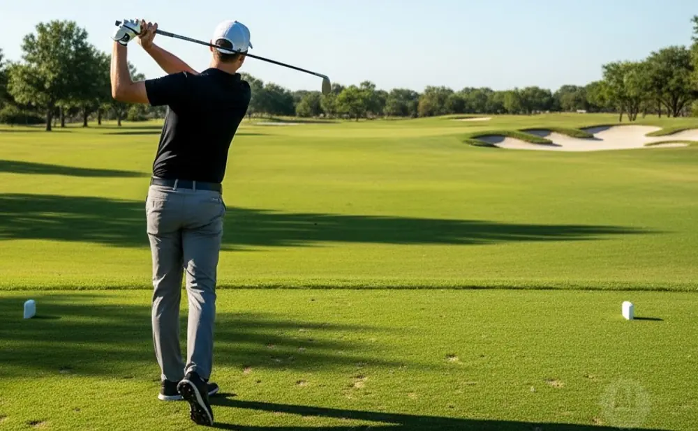 Golfer in black shirt and grey pants swings club on a green golf course with sand traps in the distance.