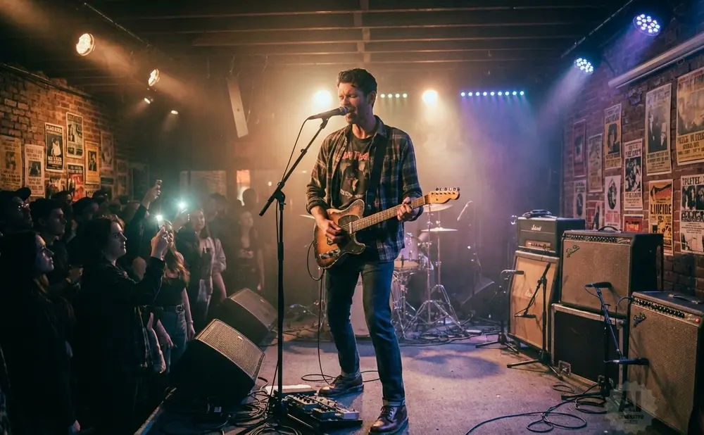 A male guitarist performs on stage in front of a brick wall plastered with posters, while the audience watches.