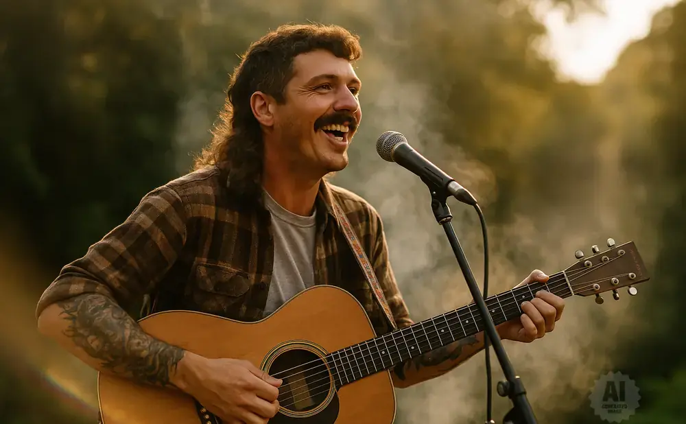 Man with mullet and mustache plays guitar and sings into a microphone outdoors.
