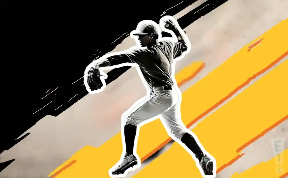 A baseball pitcher in mid-throw, with a graphic background of black and yellow stripes.