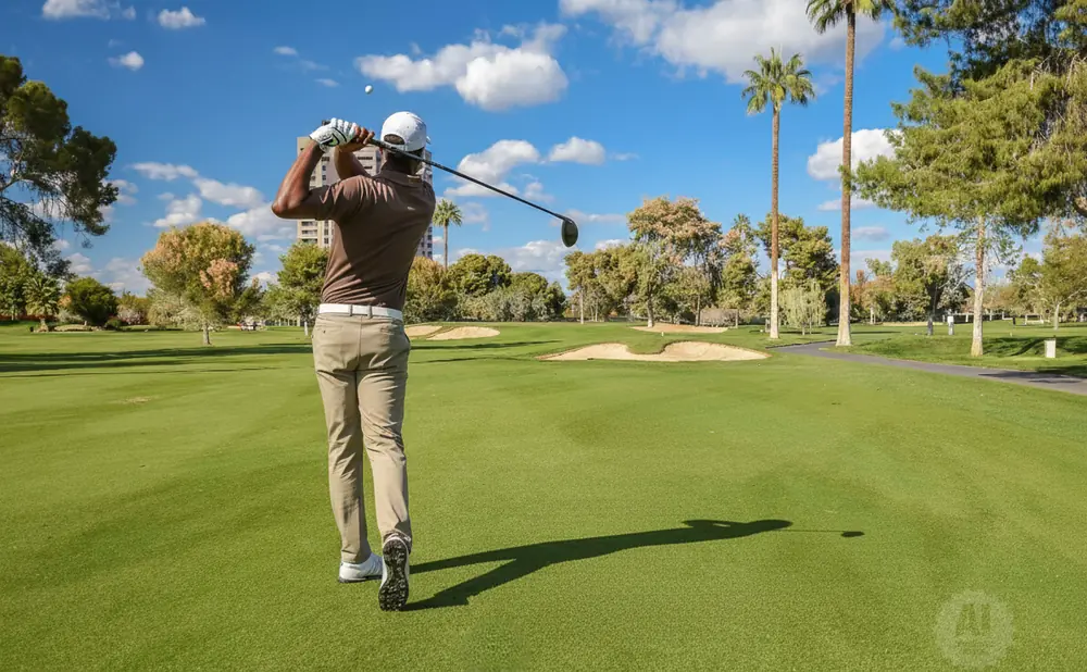 Golfer hitting a ball on a sunny day at a golf course with palm trees.