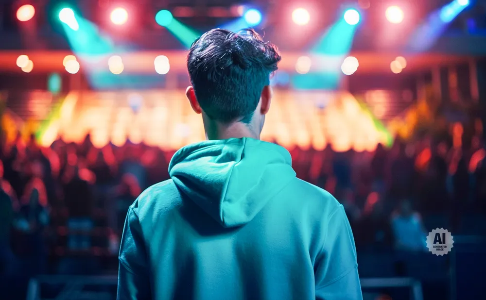 Person in a teal hoodie facing a stage with colorful lights and a blurred audience.