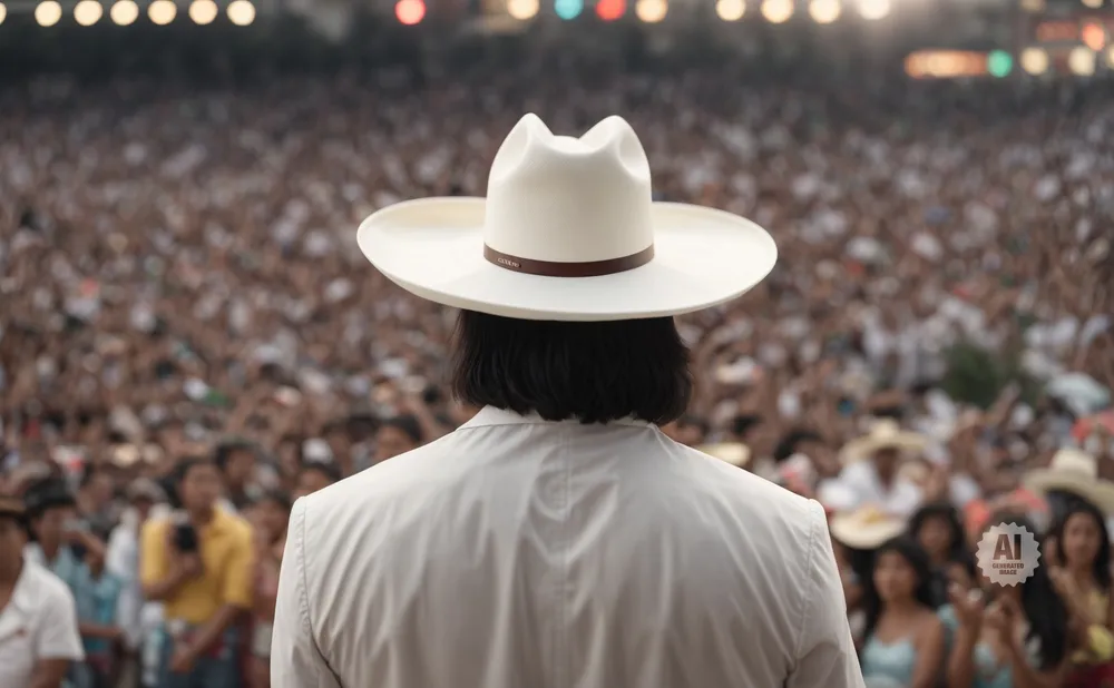 Man in a white cowboy hat and jacket facing a large, blurred crowd.