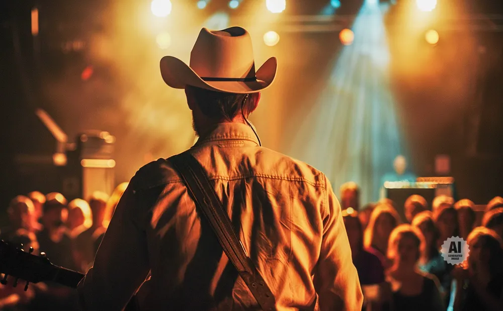 A country singer in a cowboy hat performs for a crowd under stage lights.