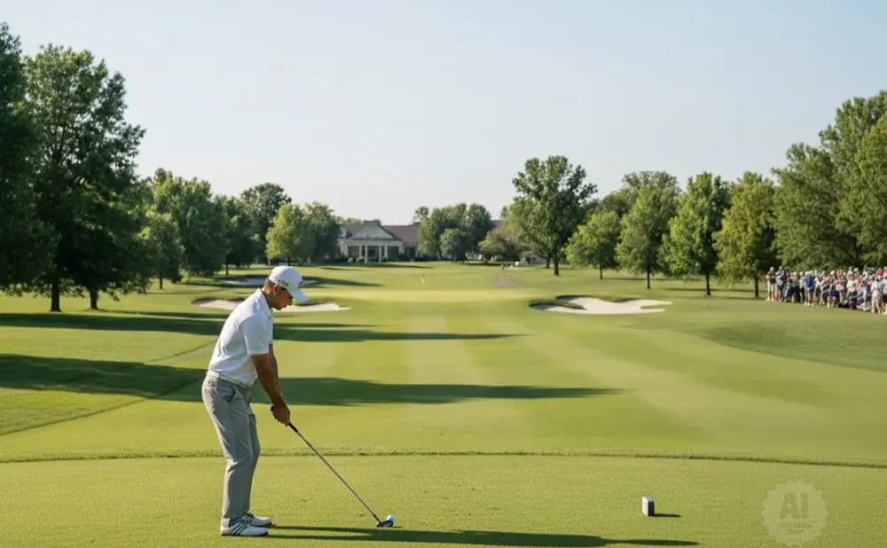 Golfer preparing to tee off on a sunny golf course with a clubhouse and spectators in the distance.