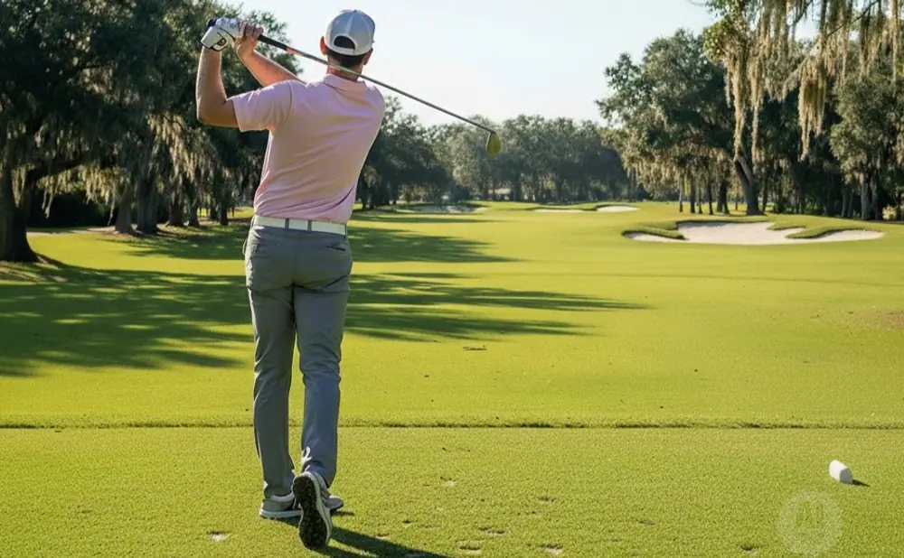 Golfer in pink shirt and grey pants swings club on a green golf course with sand traps and trees.