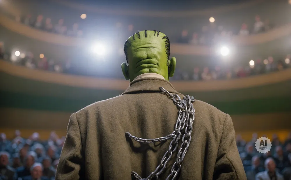 Frankenstein's monster with chains around his neck, facing an audience in a dimly lit theater.