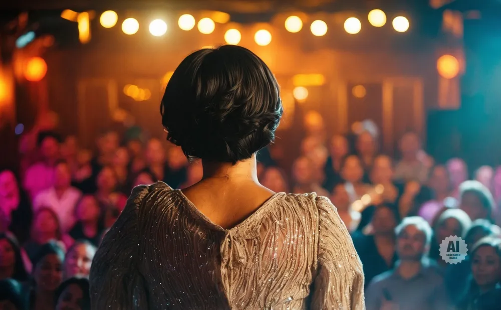 Back view of a woman in a sequined dress on stage, facing a blurred audience.