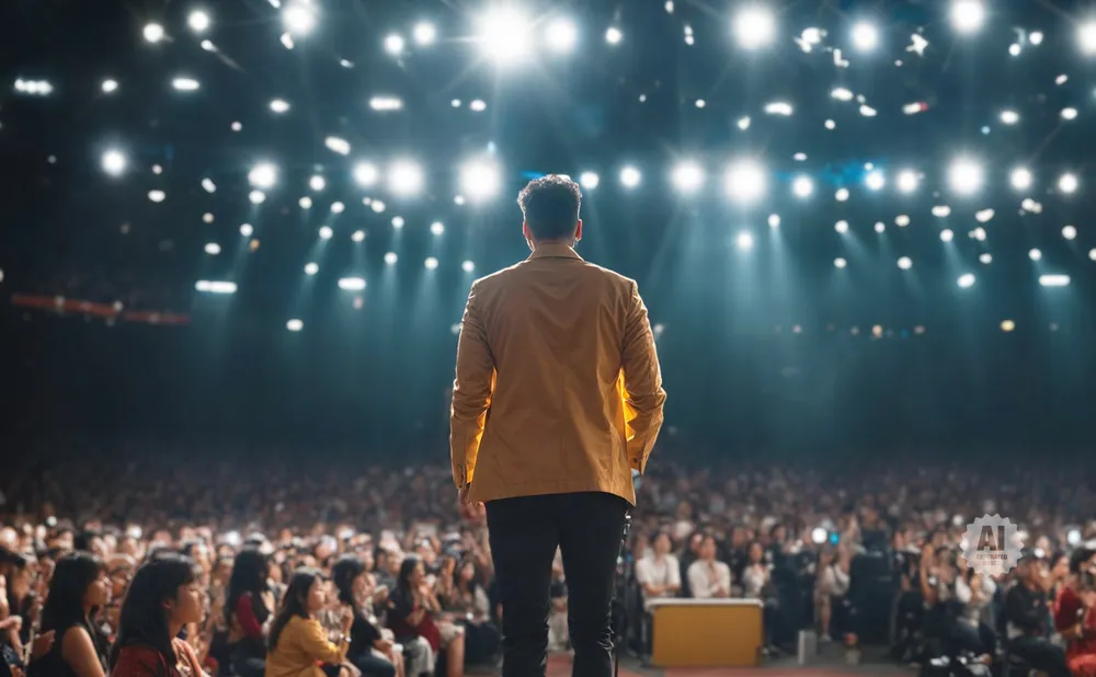 A person in a tan jacket stands on a stage, facing a large audience under bright lights.