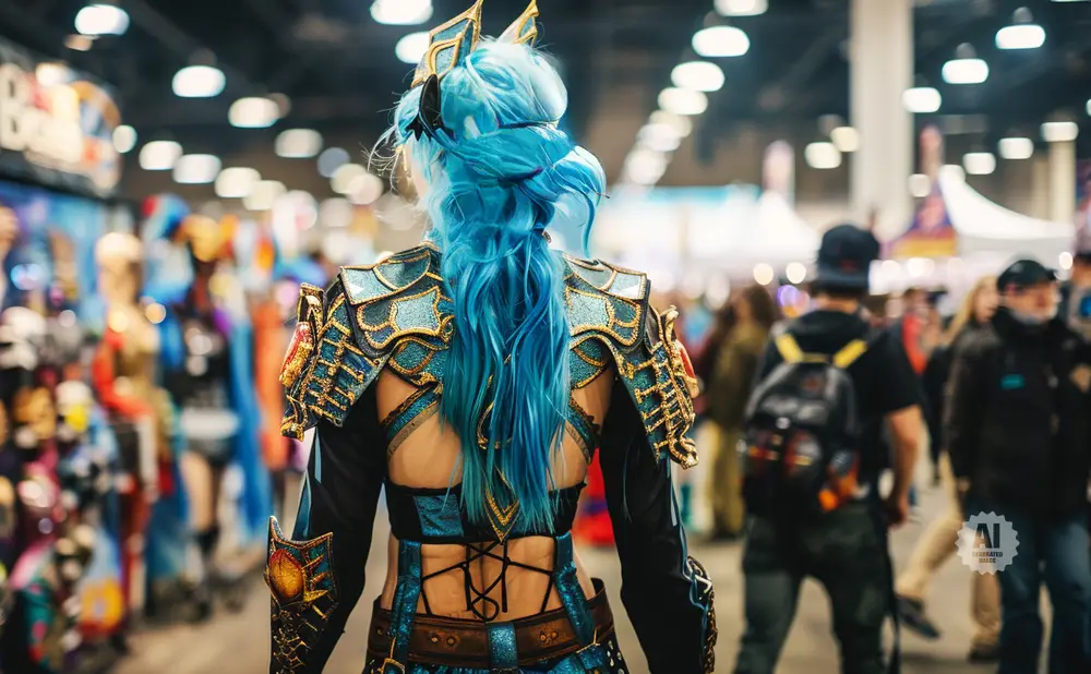 Cosplayer with vibrant blue hair in elaborate armor at a convention.