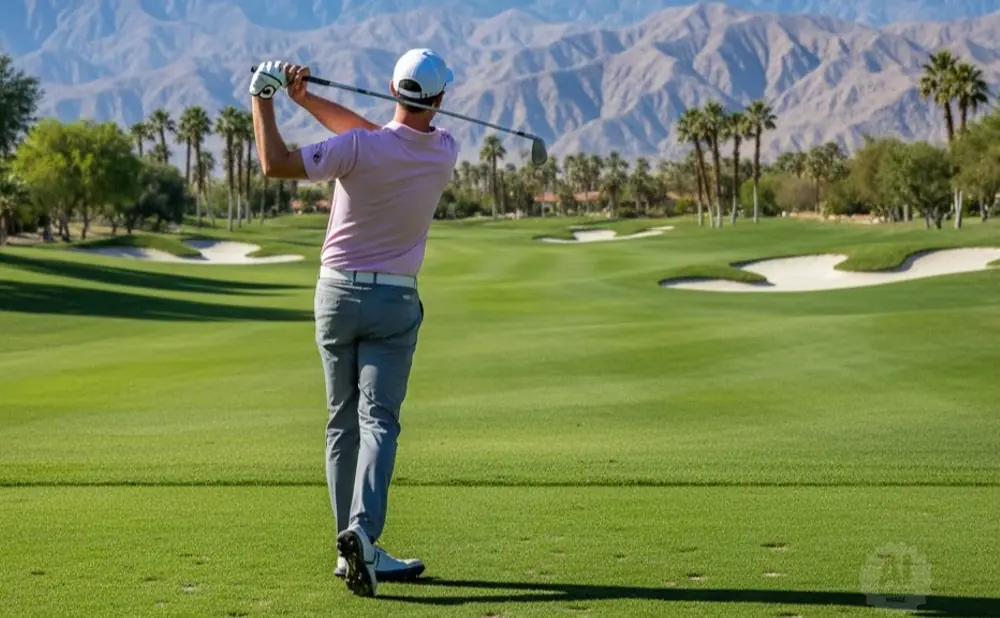 Golfer swings club on a sunny golf course with palm trees and mountains in the background.