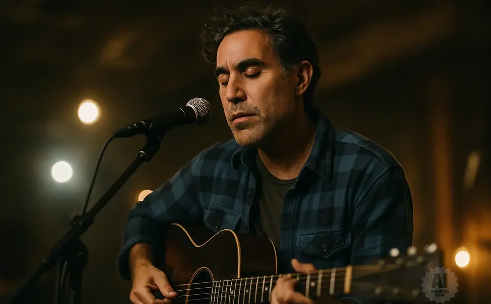 A man with his eyes closed plays an acoustic guitar in front of a microphone, wearing a blue plaid shirt.