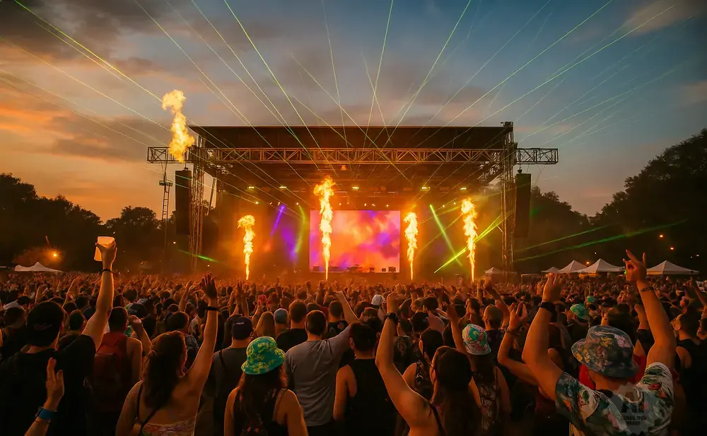 A large crowd enjoys an outdoor concert with a stage, flames, lasers, and a sunset sky.