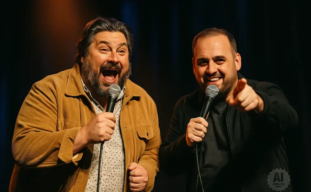 Two men are on stage with microphones, laughing. One man wears a brown jacket, the other a black jacket.