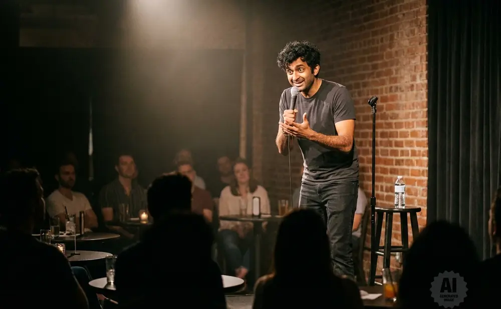 A smiling man in a white t-shirt with blue text that reads 