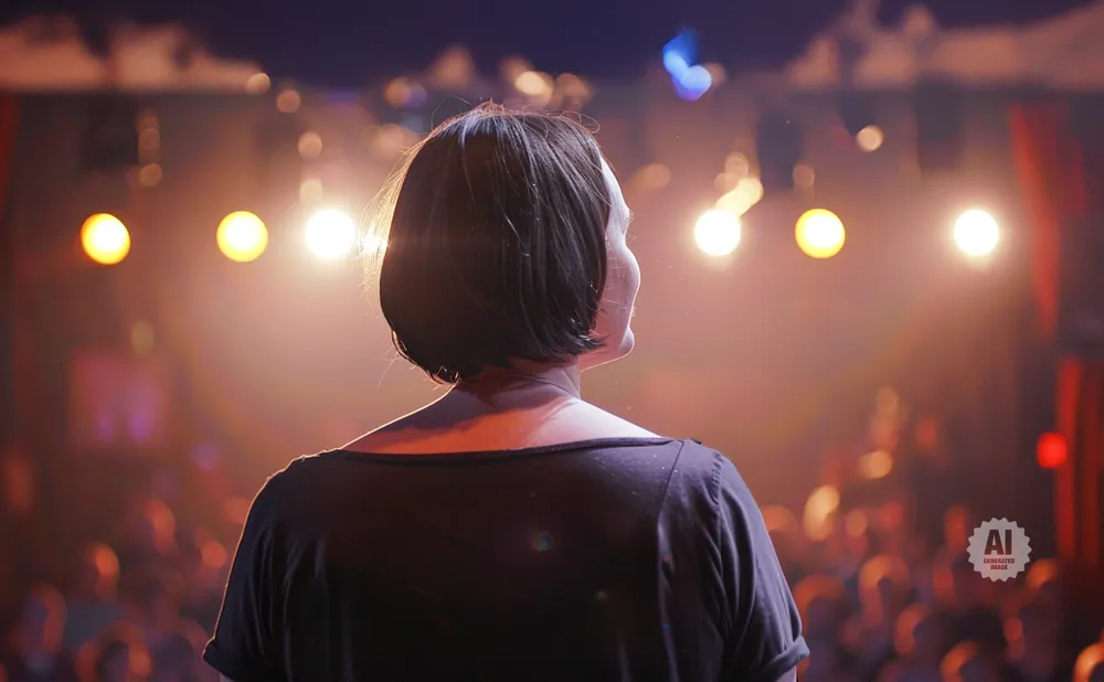 Back of a person's head on stage, facing audience with bright lights.