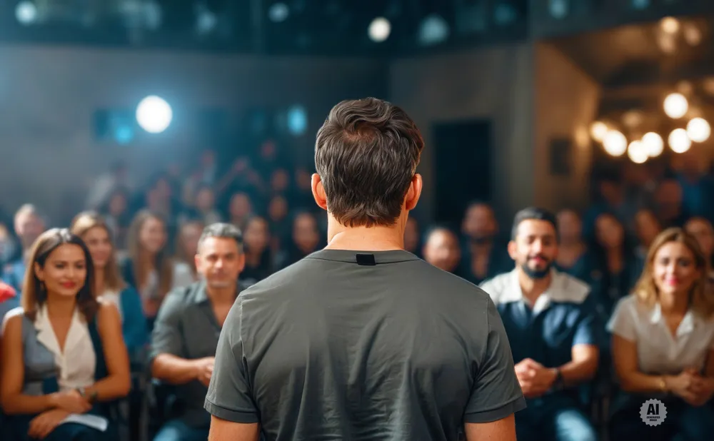 A speaker addresses a seated audience in a dimly lit room.