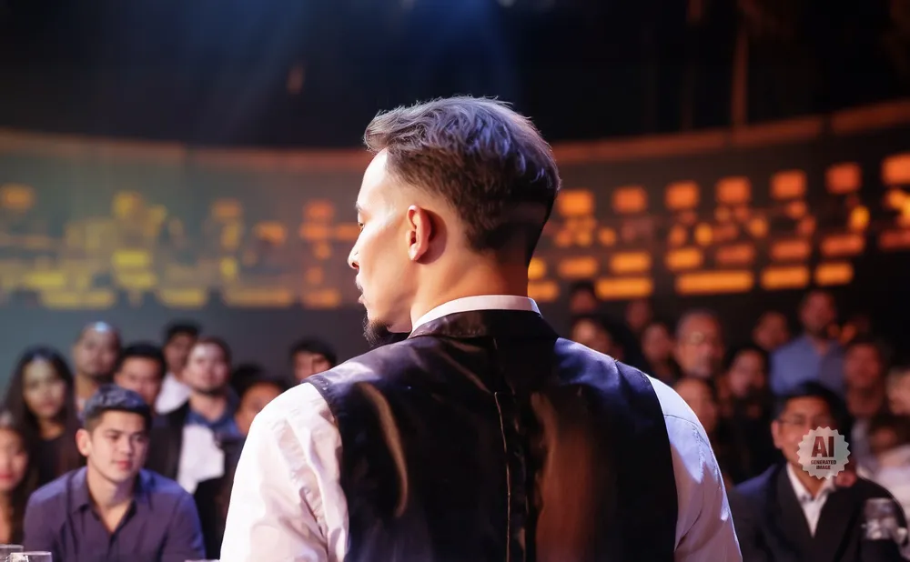 Man in a vest and white shirt facing away from the camera, audience in background.
