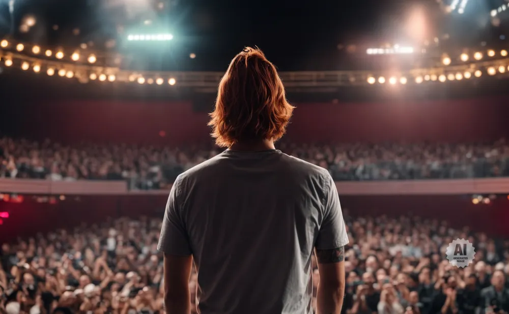 A person with red hair faces a large, cheering audience from a stage, bathed in spotlights.