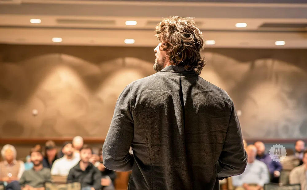 Man with curly hair and beard facing away from camera, speaking to an audience.