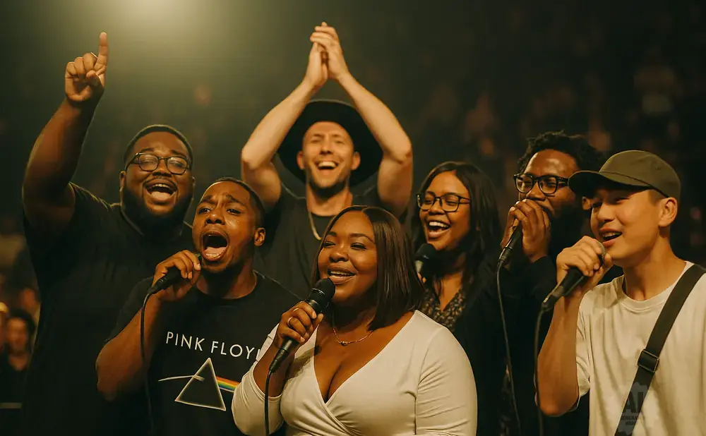 A group of people singing passionately into microphones on a stage with a spotlight.