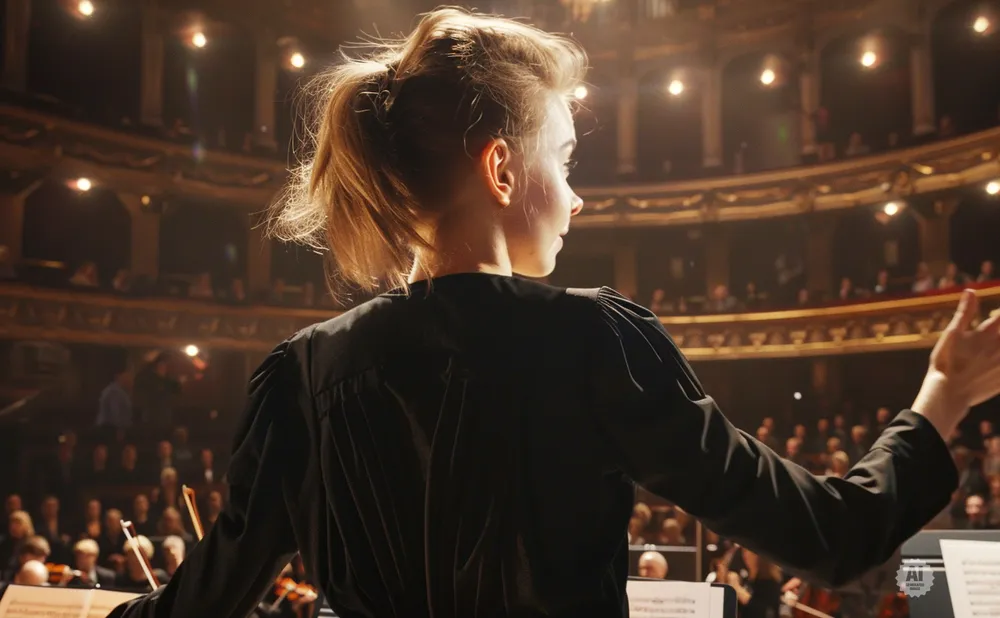 Woman conducting an orchestra on stage, viewed from behind.