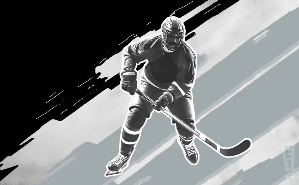 Black and white illustration of a hockey player in action.