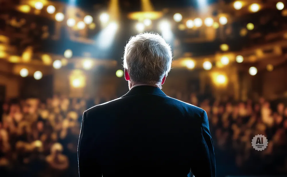A person in a suit faces a crowd in a brightly lit auditorium.