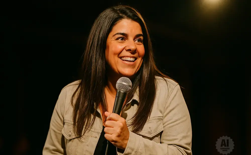 A woman with dark hair smiles while holding a microphone.