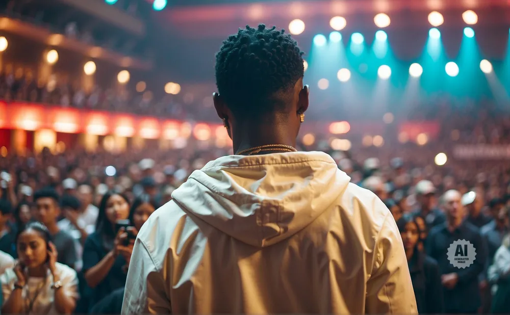 Man with dreadlocks facing away from camera in a concert hall with audience and stage lights.