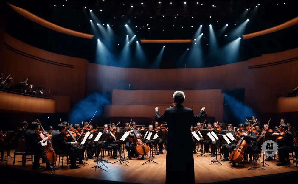 An orchestra performs on stage under dramatic lighting, with a conductor leading the musicians.