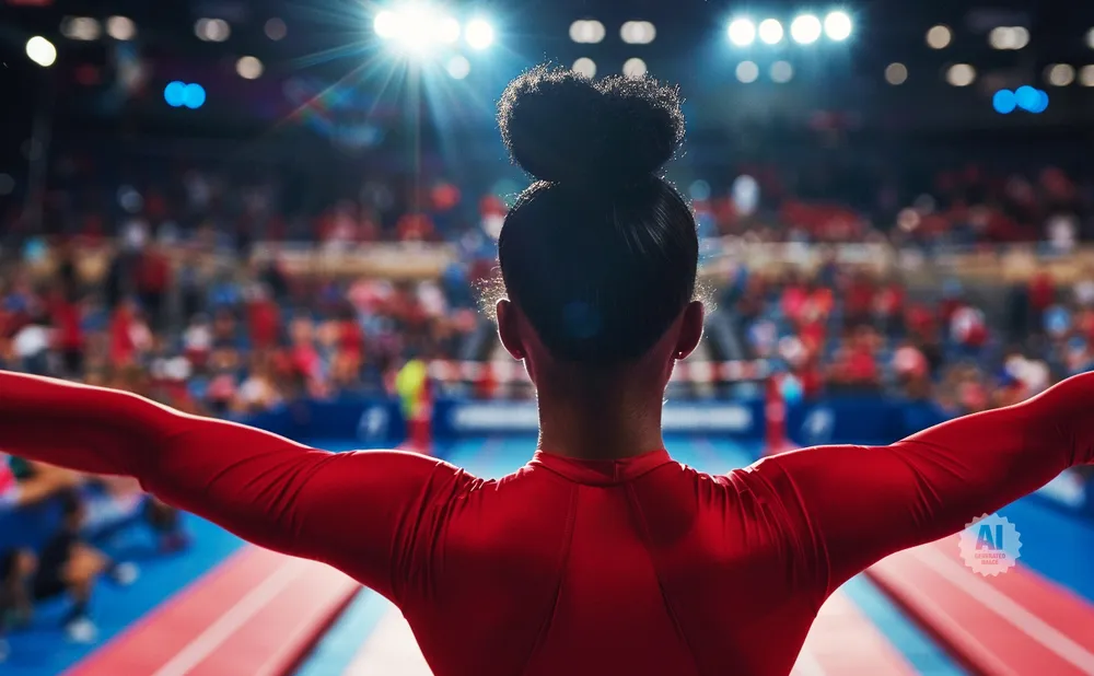 Gymnast in red leotard with hair in a bun, back to camera, arms outstretched on a mat in front of a blurred crowd.