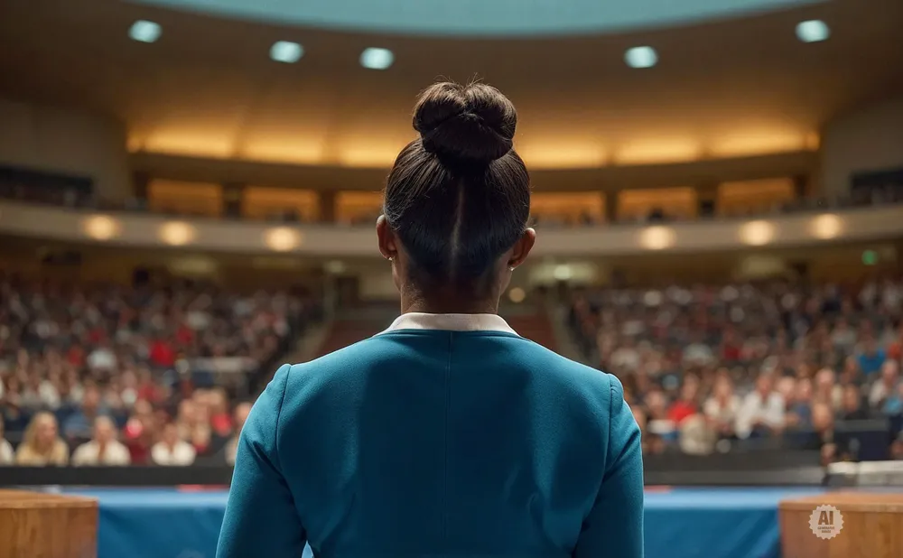 Rear view of a woman in a teal jacket with her hair in a bun, speaking to a large audience in an auditorium.