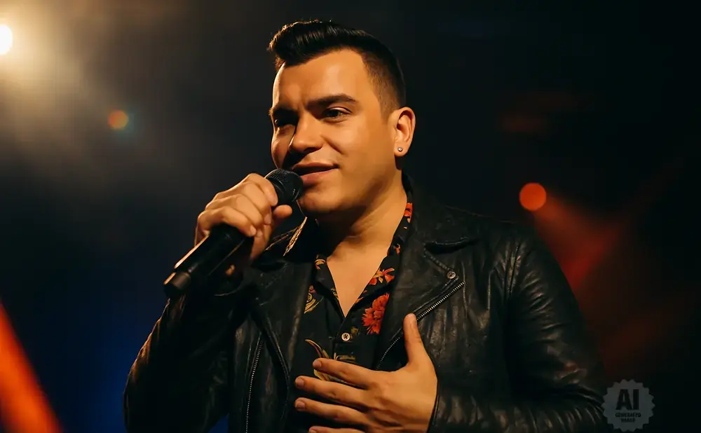 Man in a black leather jacket and floral shirt sings into a microphone on a dimly lit stage.