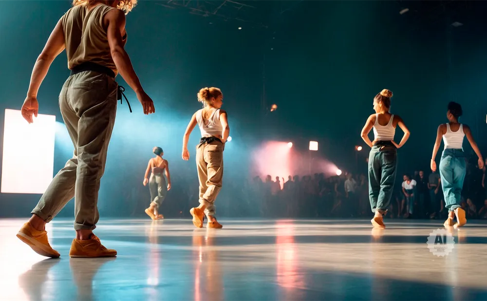Dancers in loose-fitting pants perform on a brightly lit stage with a blurred audience in the background.