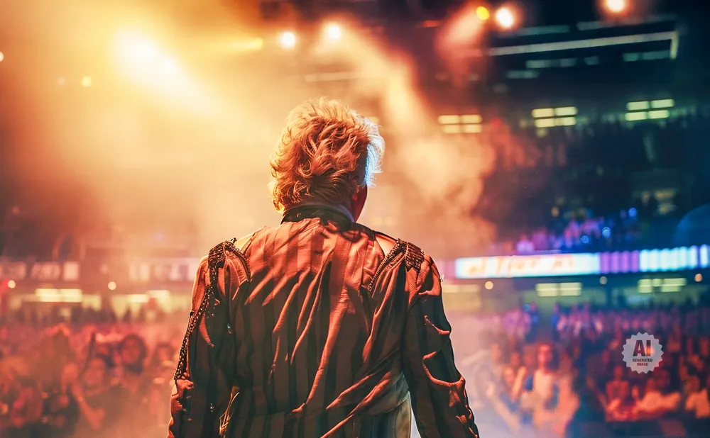 A performer in a striped jacket faces a cheering crowd under bright stage lights.