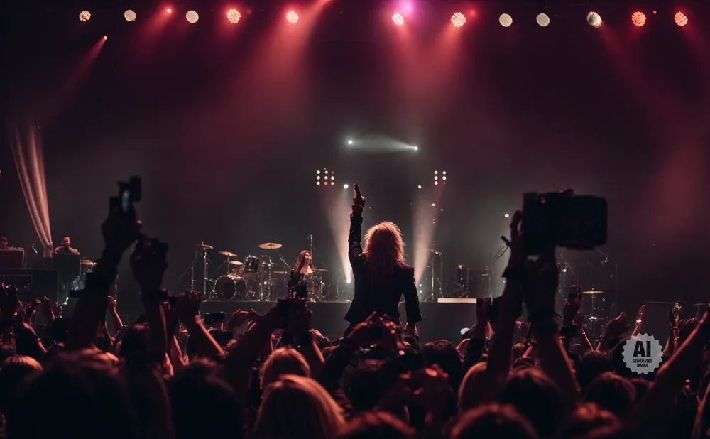 A crowd cheers as a blond performer with arms raised performs on a dimly lit stage.