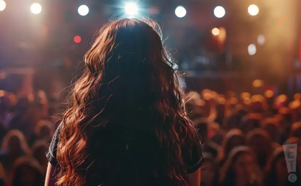 Back of a person with long, wavy hair on a stage, facing a crowd at a concert with bright lights.