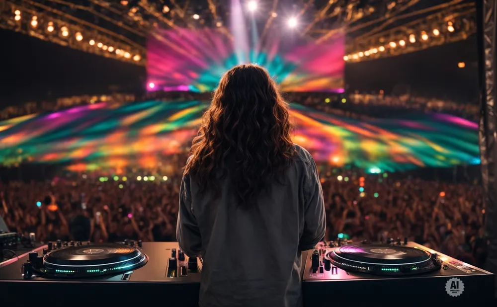 DJ at a vibrant concert with colorful lights and a large crowd.