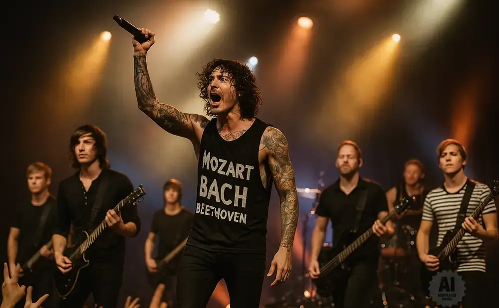 A male singer with tattoos on his arms and tank top stands center stage holding a microphone with a band behind him.