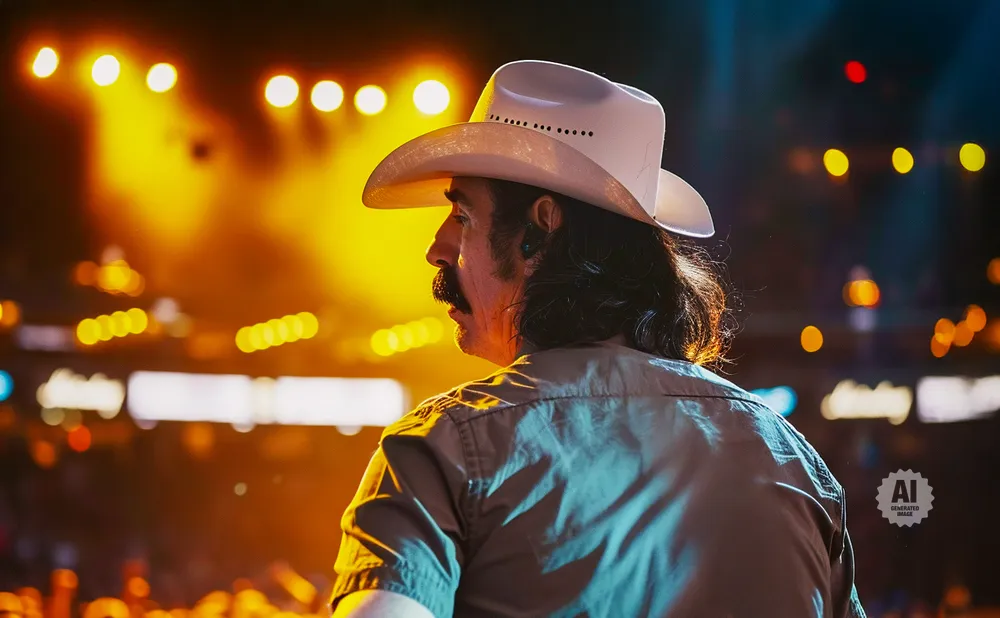Man with a cowboy hat and mustache facing away from the camera, with blurred stage lights in the background.