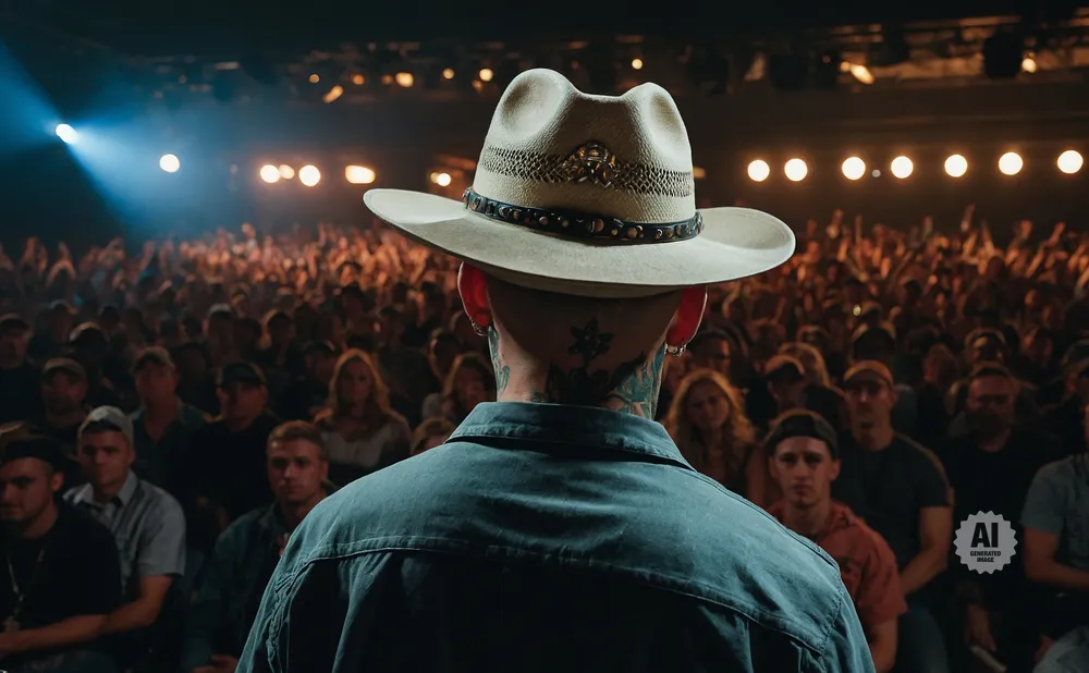 Man in cowboy hat facing away from the camera, looking at a large, dimly lit audience.