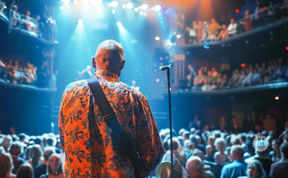 Guitarist in orange shirt on stage with a packed audience watching.