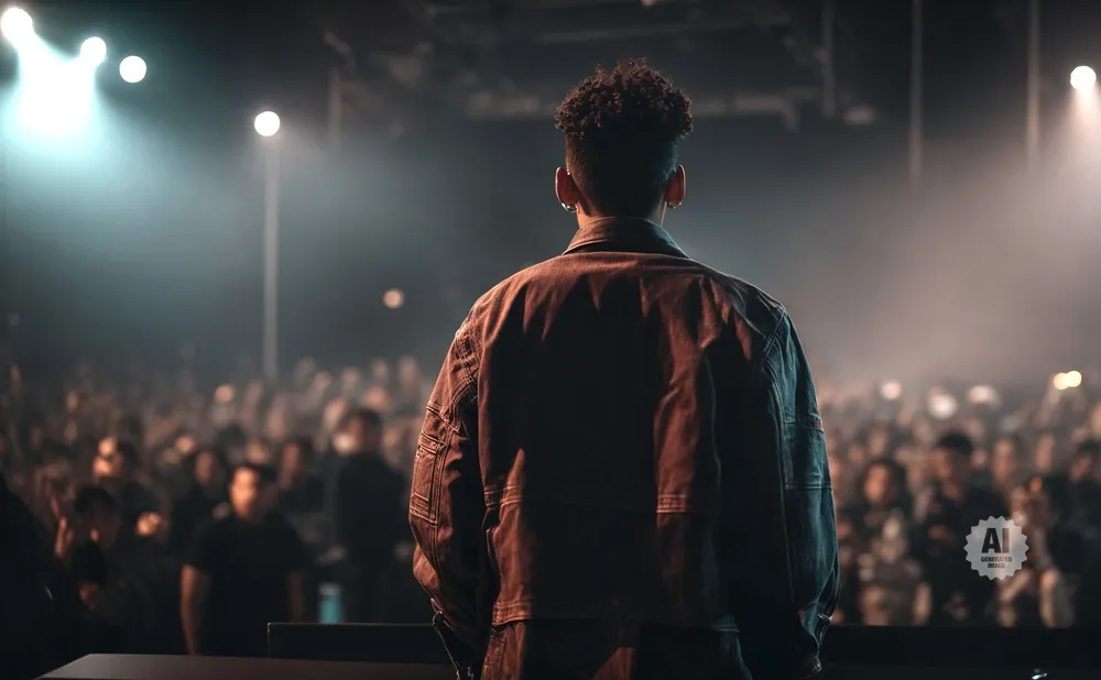 A person stands facing a large crowd at a concert.