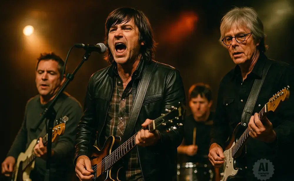 A rock band performs on stage under warm lighting, with singers and guitarists in focus.