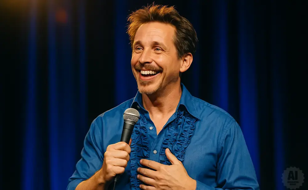 A man with a mustache and goatee smiles broadly, holding a microphone and placing his other hand on his chest.