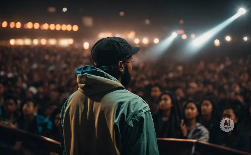 A person in a cap and jacket faces a large, dimly lit audience with a spotlight on them.