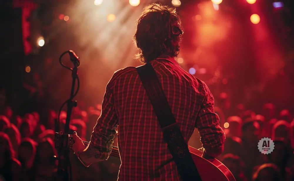 Guitarist performing for a crowd in a red-lit venue.